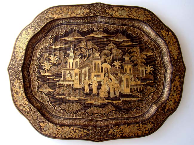 A fine and rare antique Chinese black lacquer and gold decorated tray circa 1860